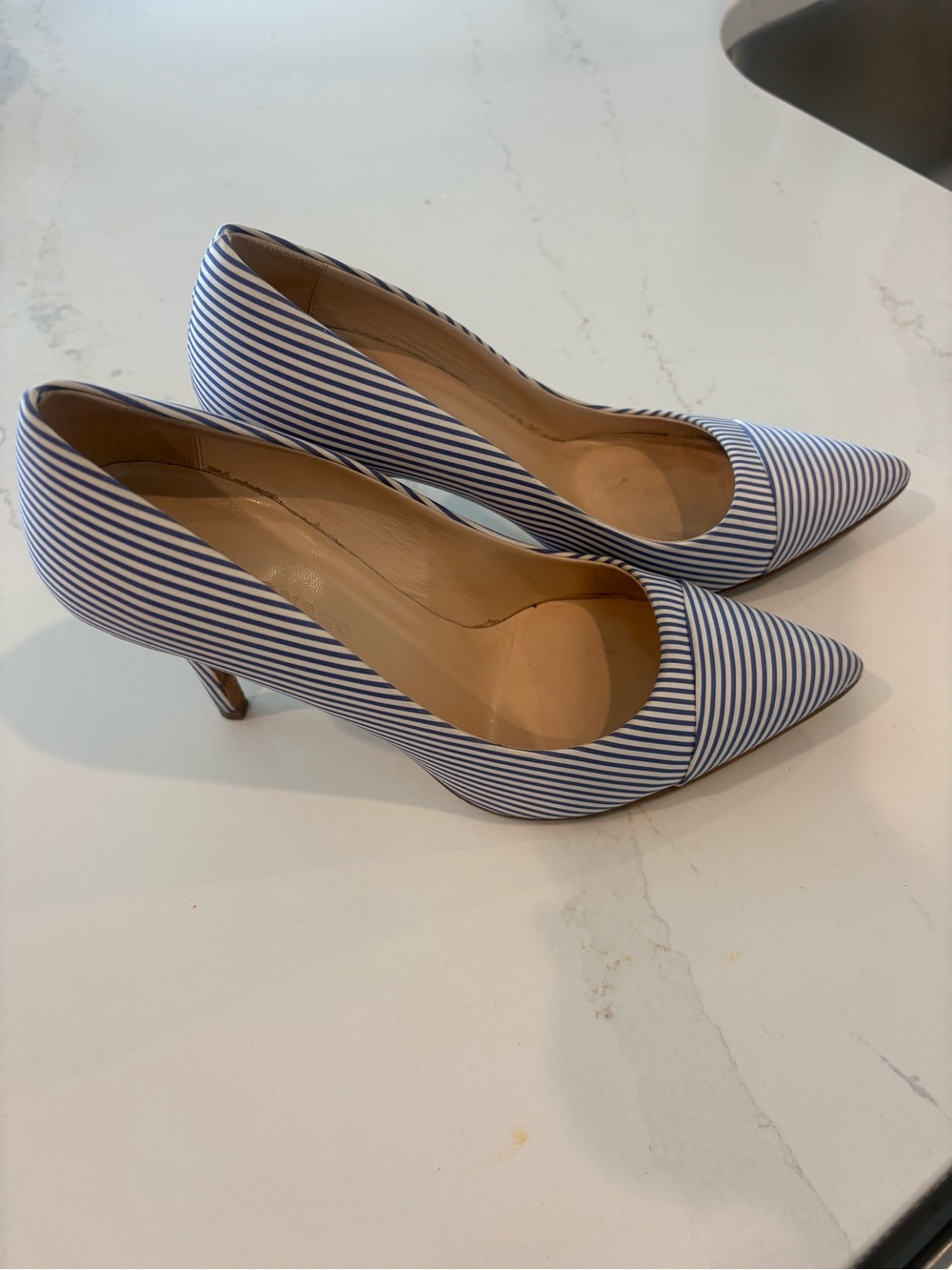 Striped Pointed-Toe Pumps in Navy and White